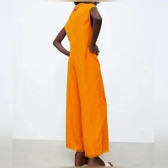 NWT Zara Orange Paisley Jumpsuit with Metal Clasps Size S - Picture 5 of 16